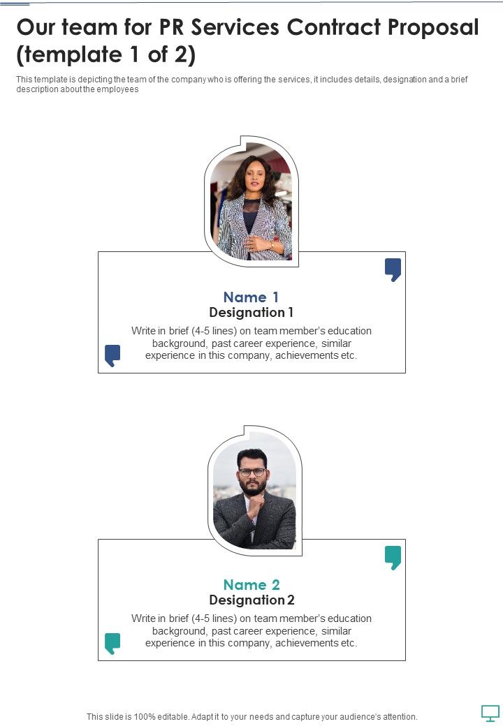 Our Team For Pr Services Contract Proposal One Pager Sample Example Document Slide01