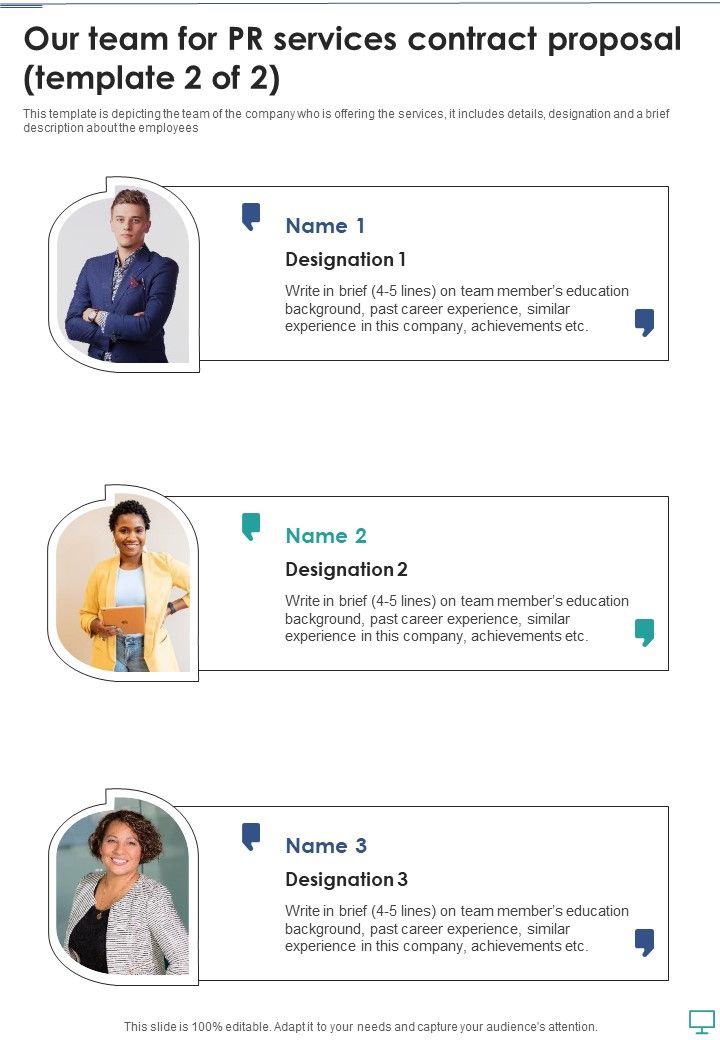 Our Team For Pr Services Contract Proposal One Pager Sample Example Document
