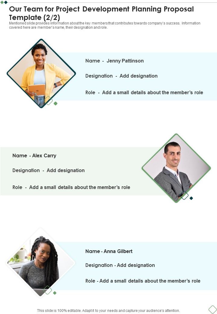 Our Team For Project Development Planning Proposal Template One Pager Sample Example Document