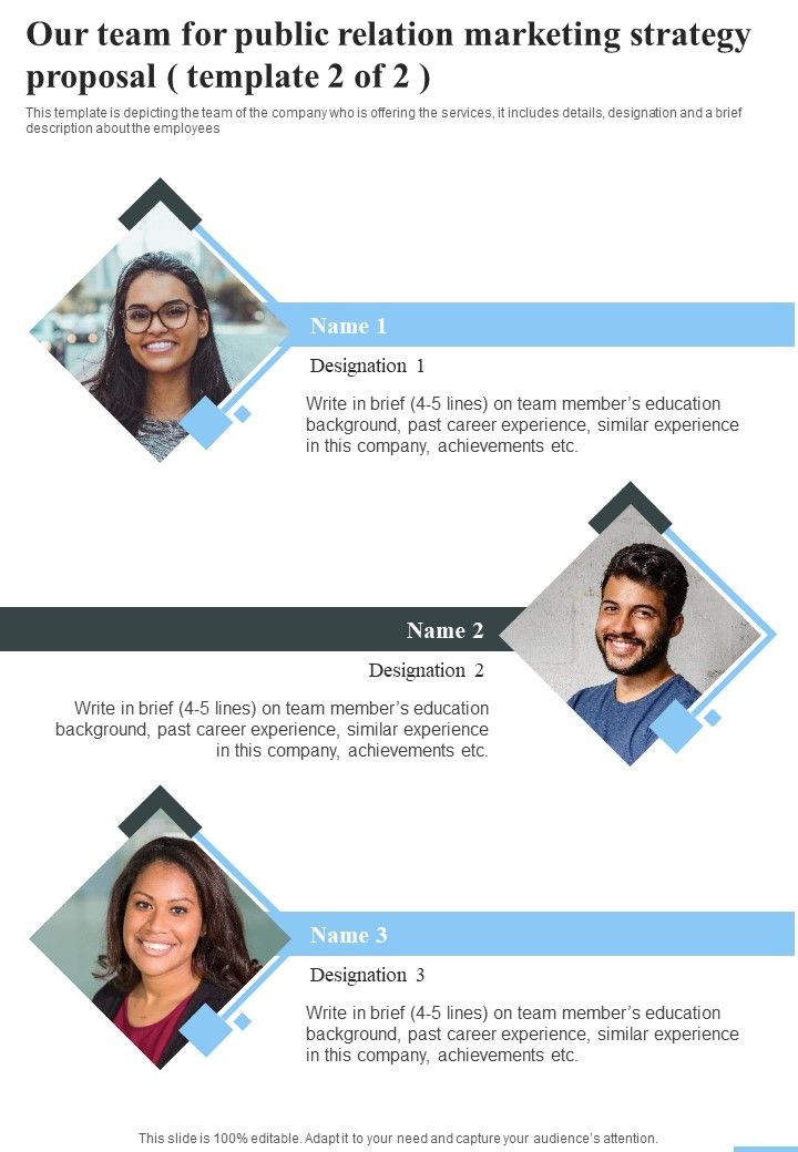Our Team For Public Relation Marketing Strategy Proposal One Pager Sample Example Document