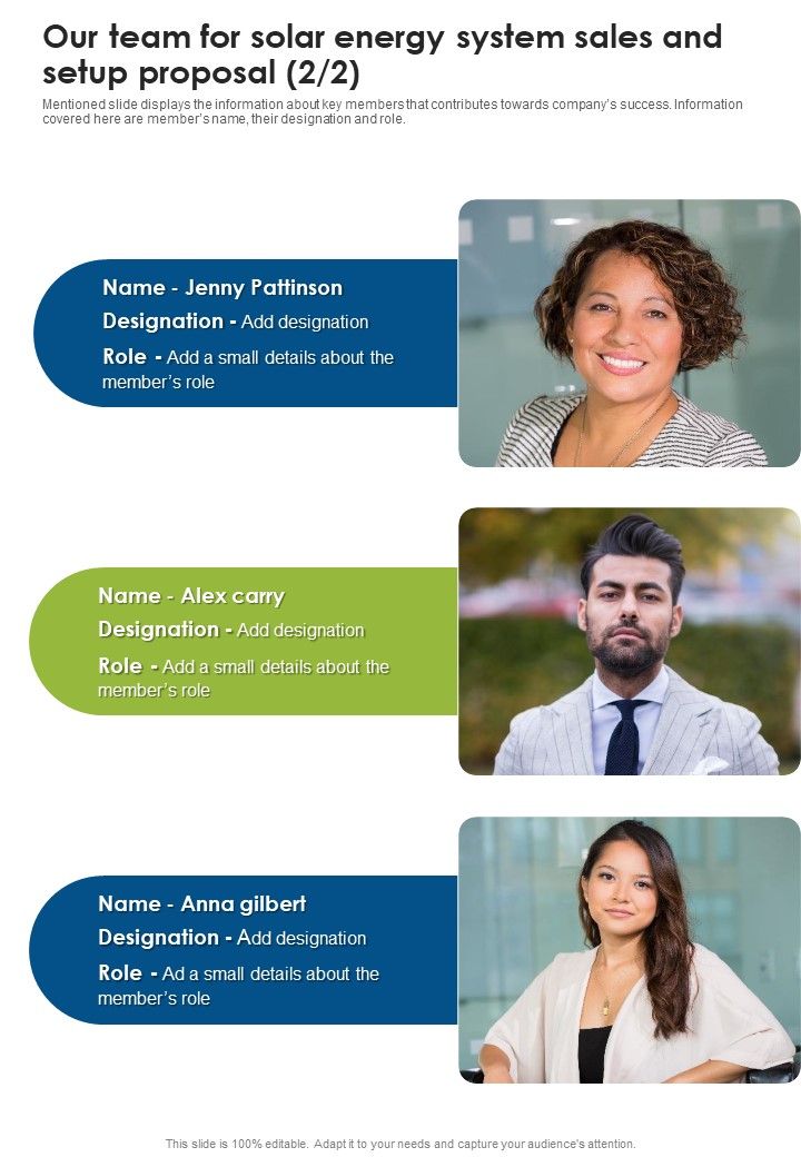 Our Team For Solar Energy System Sales And Setup Proposal One Pager Sample Example Document