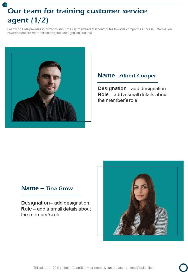 Our Team For Training Customer Service Agent One Pager Sample Example Document Slide01