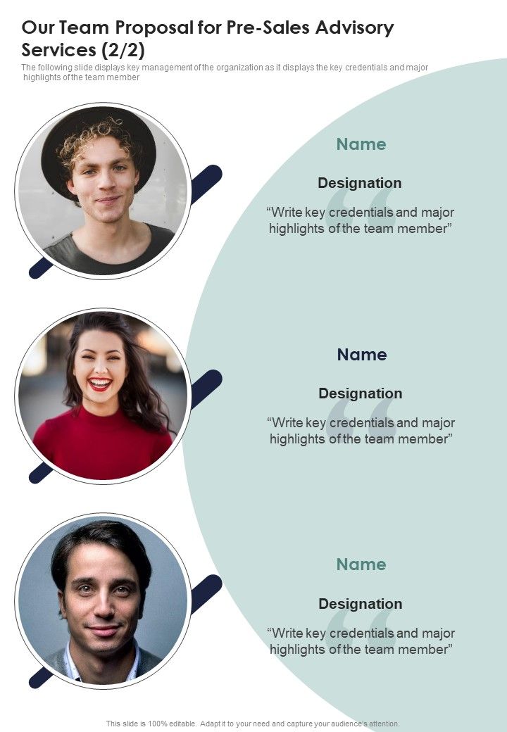 Our Team Proposal For Pre Sales Advisory Services One Pager Sample Example Document
