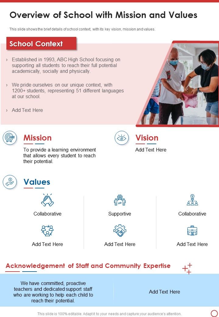Overview Of School With Mission And Values One Pager Documents Slide01