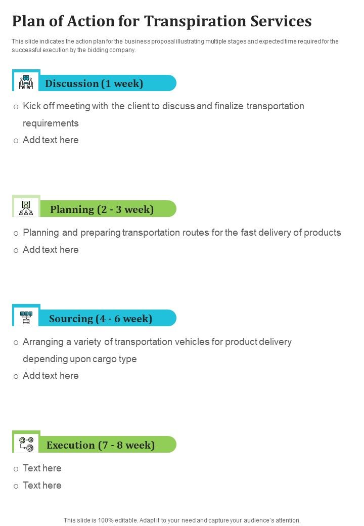 Plan Of Action For Transpiration Services One Pager Sample Example Document Slide01