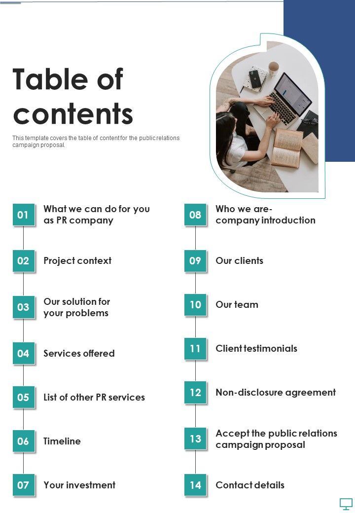 Pr Services Contract Proposal Table Of Contents One Pager Sample Example Document Slide01