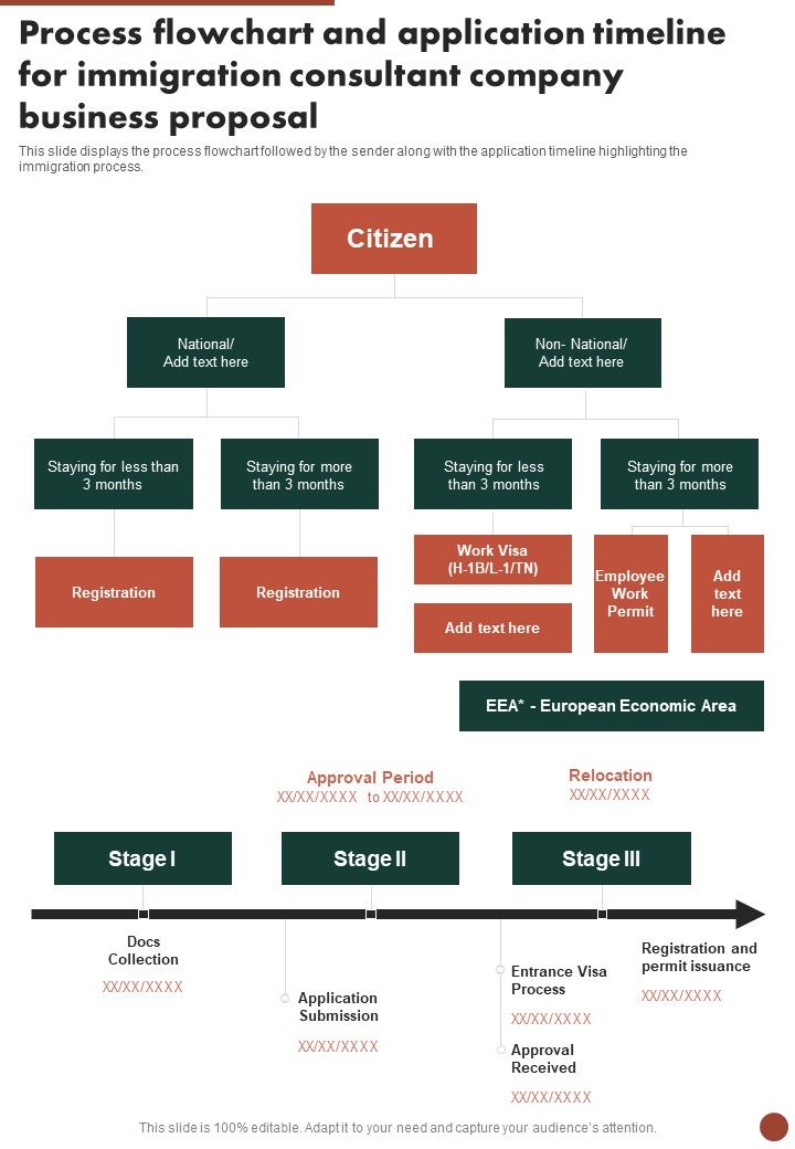 Process Flowchart And Application Timeline For Immigration Consultant Company Business One Pager Sample Example Document Slide01