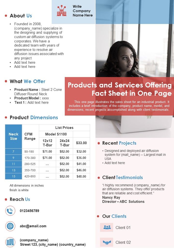 Products And Services Offering Fact Sheet In One Page PDF Document PPT Template Slide01