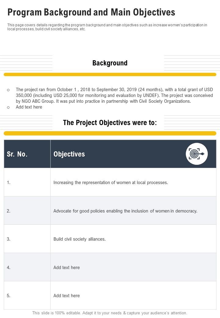 Program Background And Main Objectives One Pager Documents Slide01
