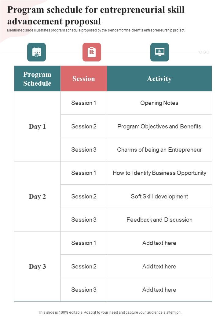 Program Schedule For Entrepreneurial Skill Advancement Proposal One Pager Sample Example Document Slide01