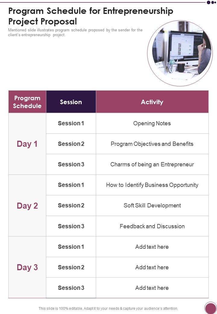 Program Schedule For Entrepreneurship Project Proposal One Pager Sample Example Document Slide01