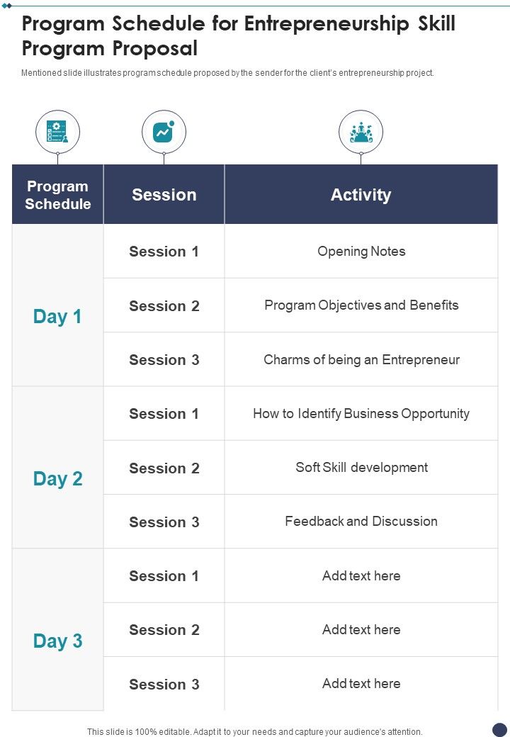 Program Schedule For Entrepreneurship Skill Program Proposal One Pager Sample Example Document Slide01