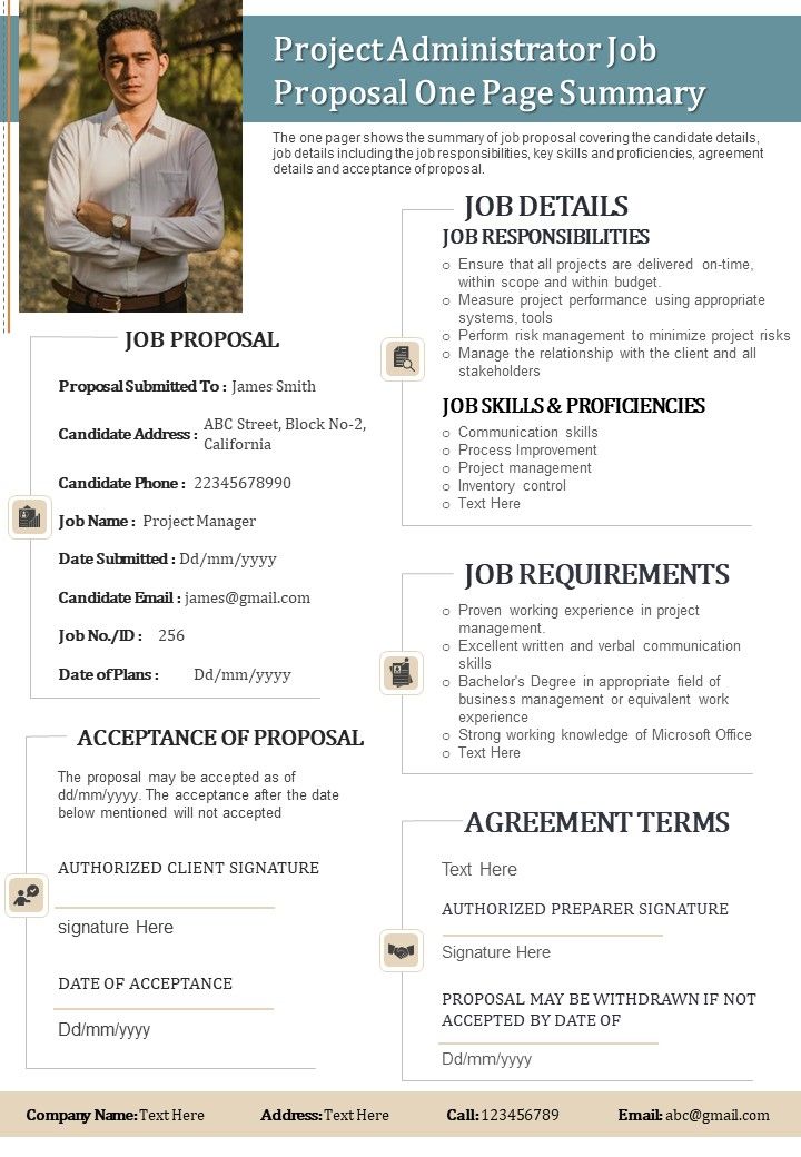 Project Administrator Job Proposal One Page Summary PDF Document PPT Template Slide01