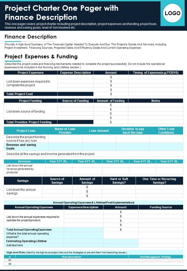 Project Charter One Pager With Finance Description PDF Document PPT Template Slide01