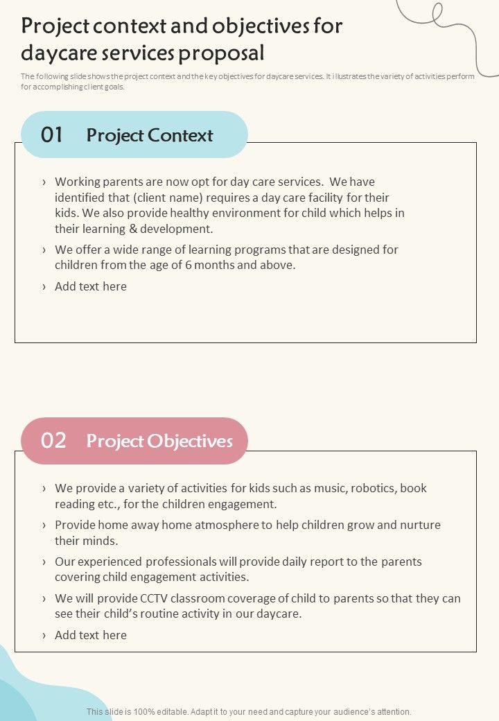 Project Context And Objectives For Daycare Services Proposal One Pager Sample Example Document Slide01
