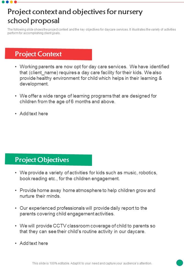 Project Context And Objectives For Nursery School Proposal One Pager Sample Example Document Slide01