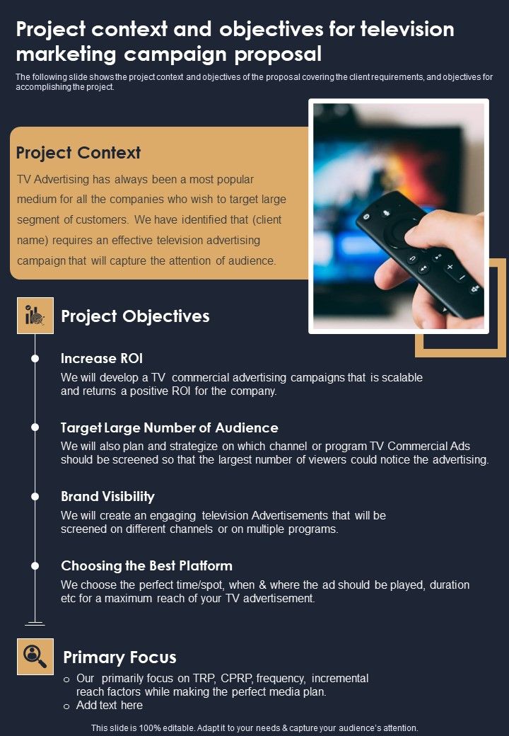 Project Context And Objectives For Television Marketing Campaign Proposal One Pager Sample Example Document Slide01
