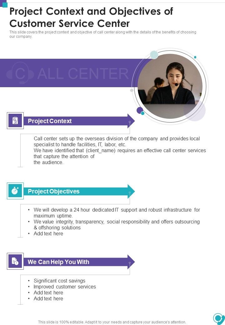Project Context And Objectives Of Customer Service Center One Pager Sample Example Document Slide01
