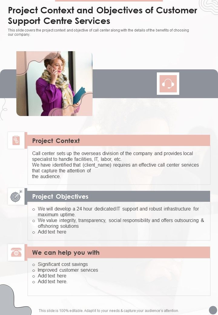 Project Context And Objectives Of Customer Support Centre Services One Pager Sample Example Document Slide01