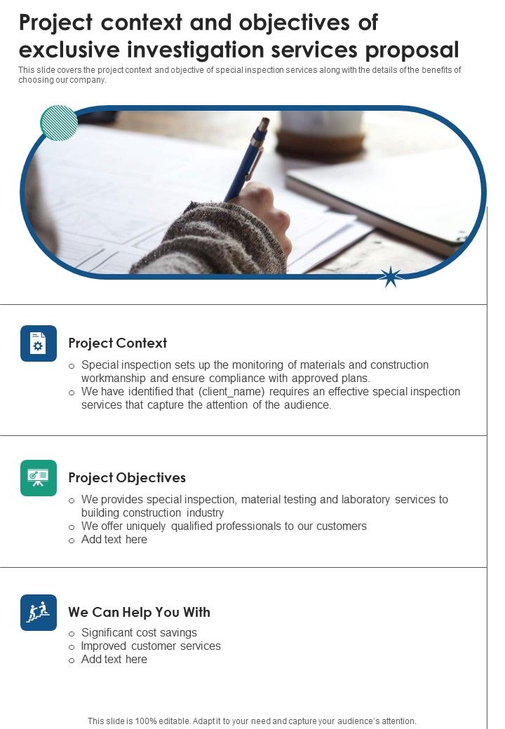 Project Context And Objectives Of Exclusive Investigation Services Proposal One Pager Sample Example Document Slide01