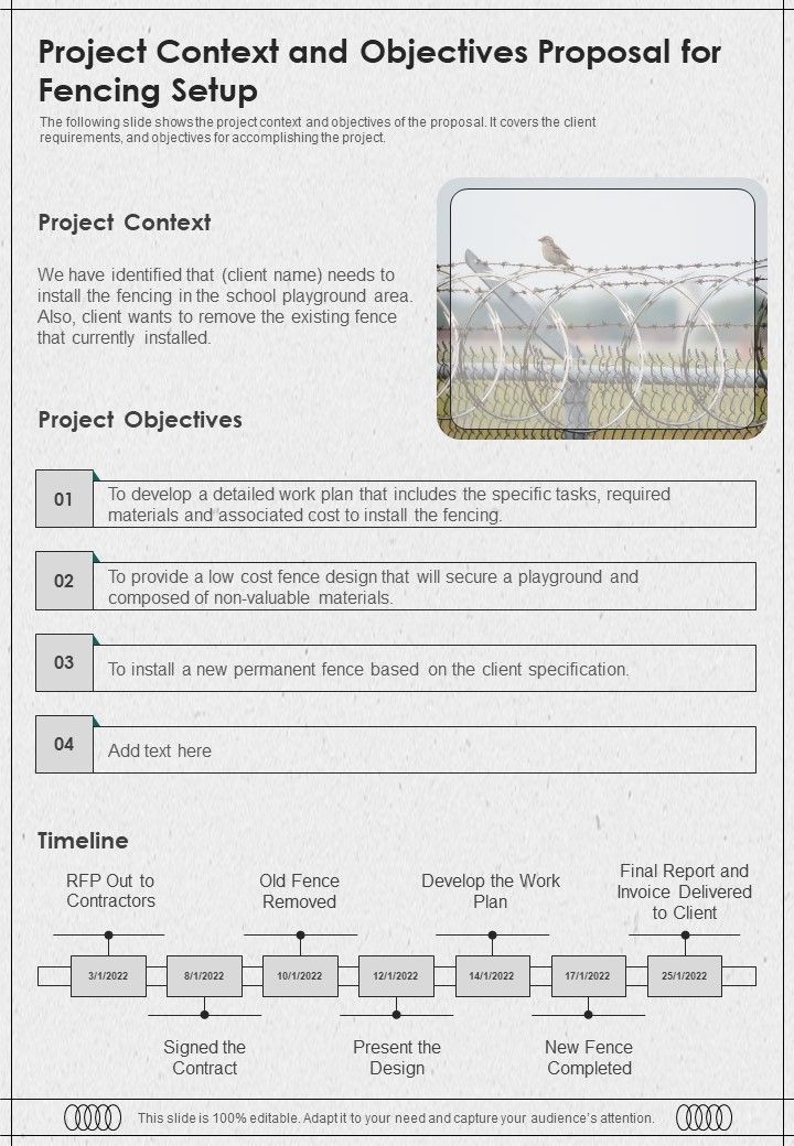 Project Context And Objectives Proposal For Fencing Setup One Pager Sample Example Document Slide01