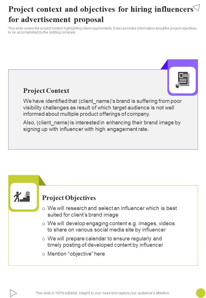 Project Context Objectives For Hiring Influencers Advertisement Proposal One Pager Sample Example Document Slide01