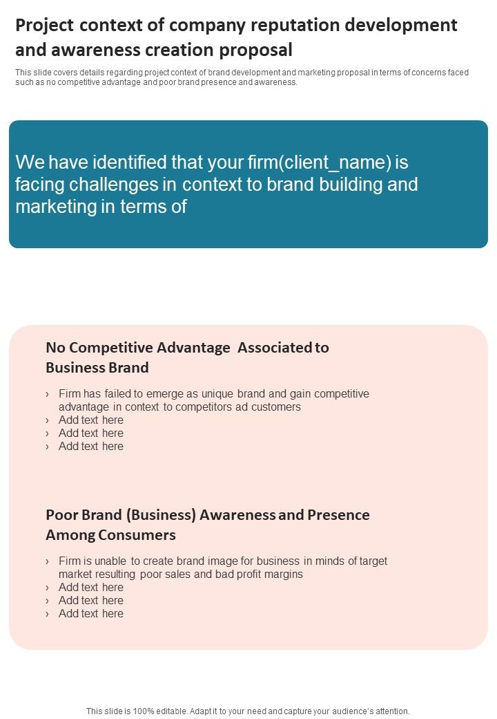 Project Context Of Company Reputation Development And Awareness Creation One Pager Sample Example Document Slide01