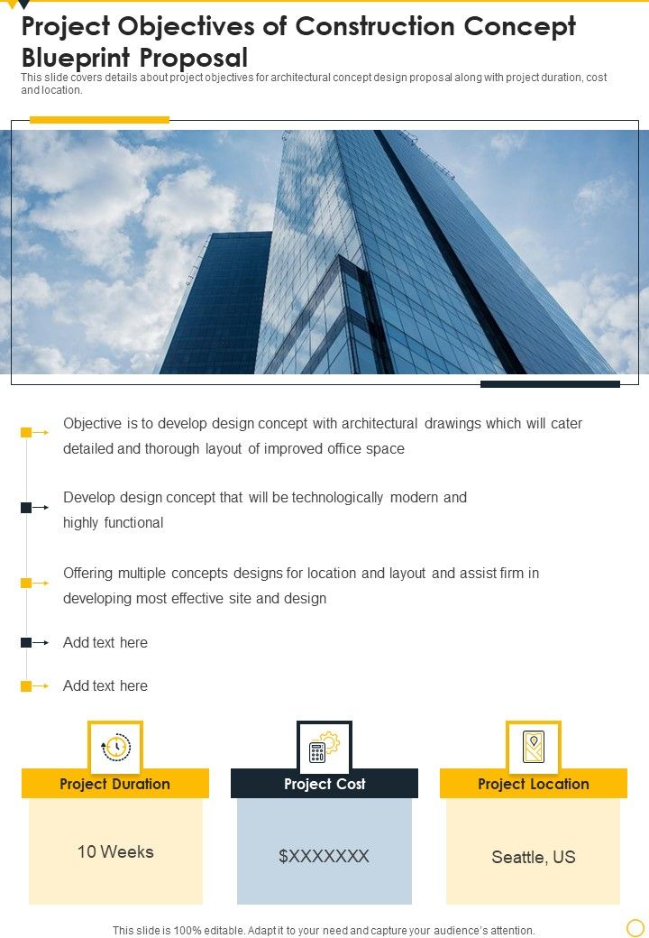 Project Objectives Of Construction Concept Blueprint Proposal One Pager Sample Example Document Slide01