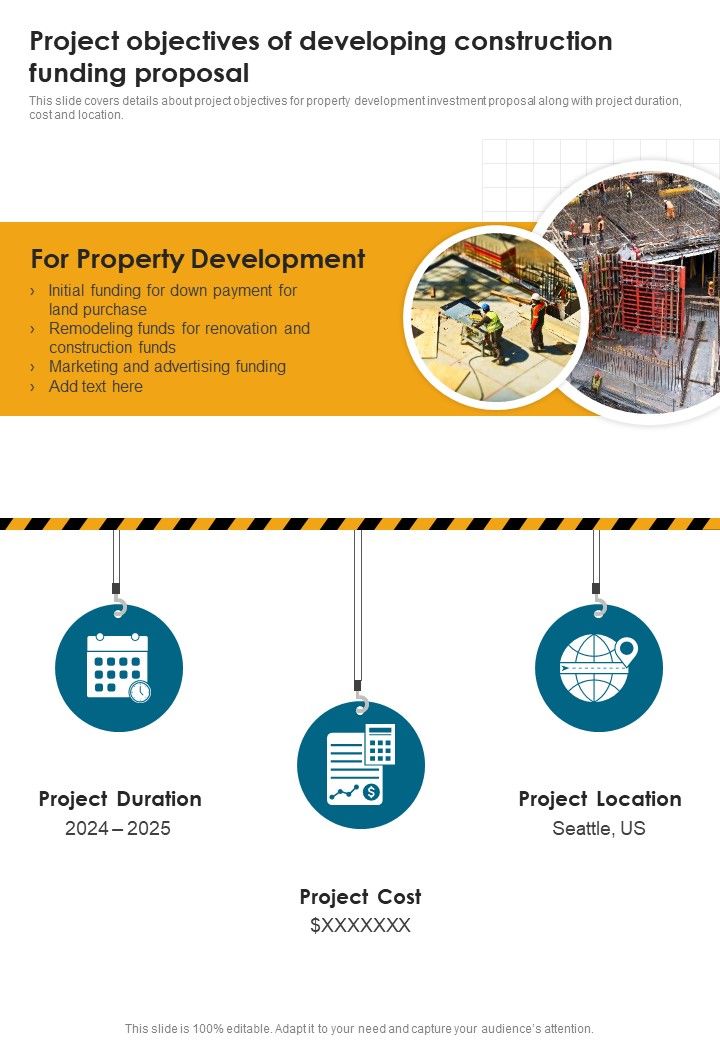 Project Objectives Of Developing Construction Funding Proposal One Pager Sample Example Document Slide01