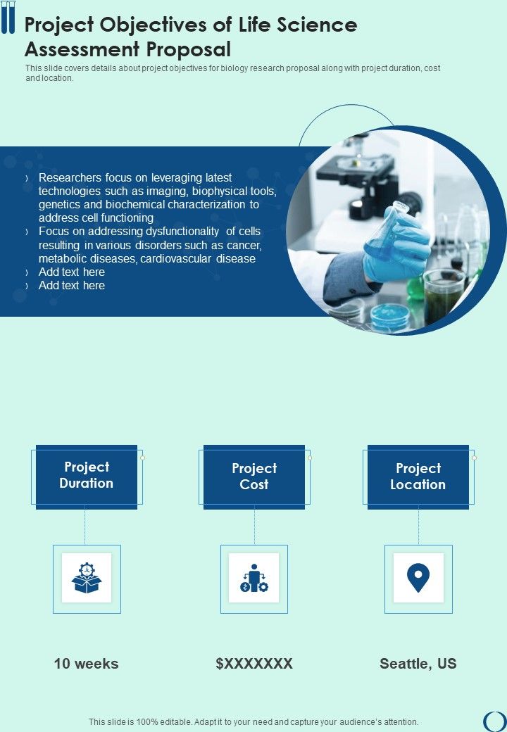 Project Objectives Of Life Science Assessment Proposal One Pager Sample Example Document Slide01