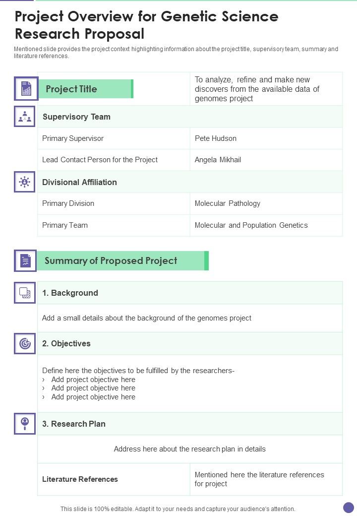 Project Overview For Genetic Science Research Proposal One Pager Sample Example Document Slide01