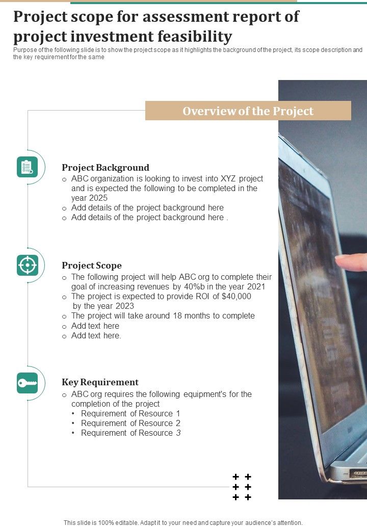 Project Scope For Assessment Report Of Project Investment Feasibility One Pager Sample Example Document Slide01