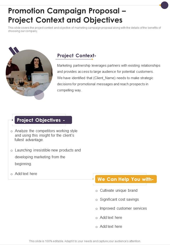 Promotion Campaign Proposal Project Context And Objectives One Pager Sample Example Document Slide01