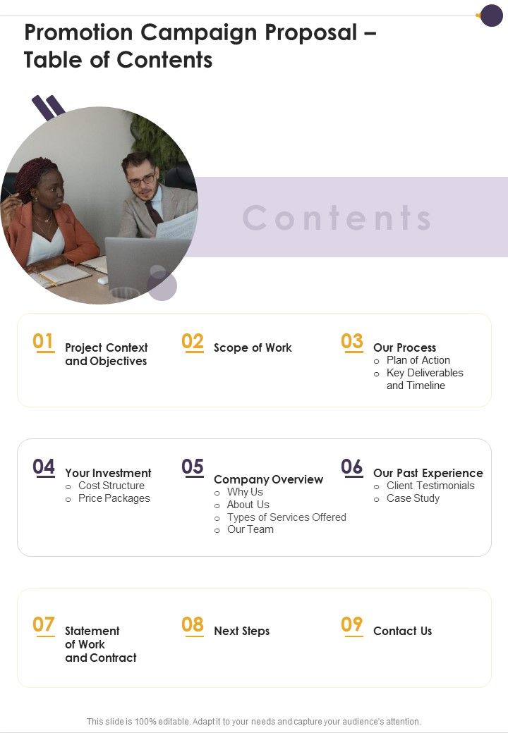 Promotion Campaign Proposal Table Of Contents One Pager Sample Example Document Slide01