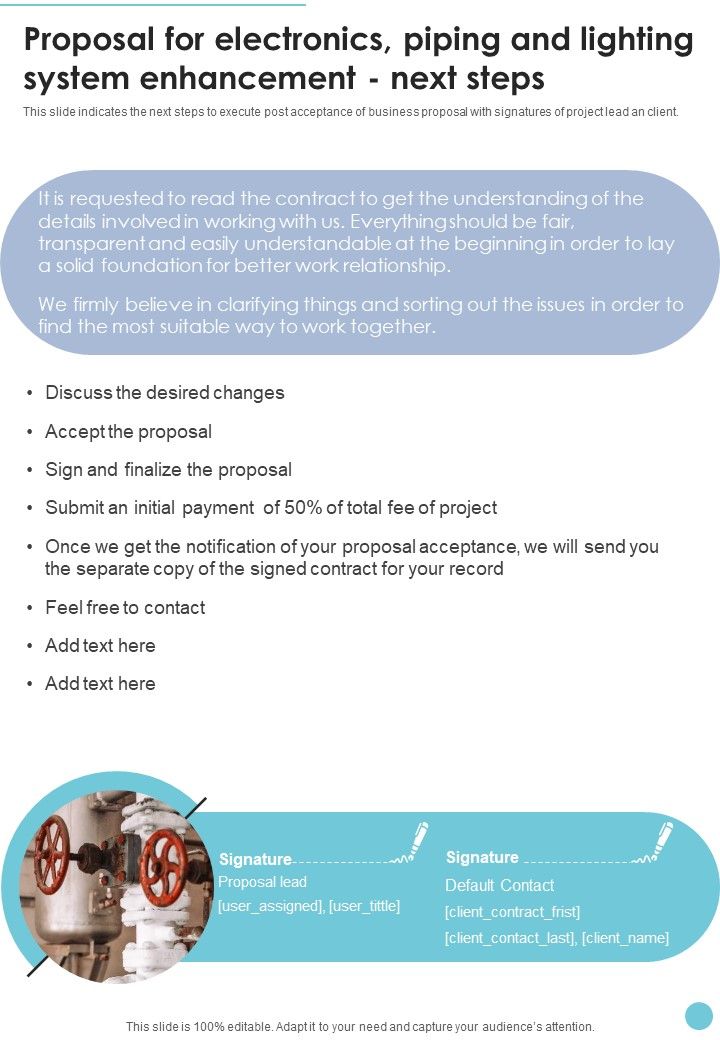 Proposal Electronics Piping Lighting System Enhancement Next Steps One Pager Sample Example Document Slide01