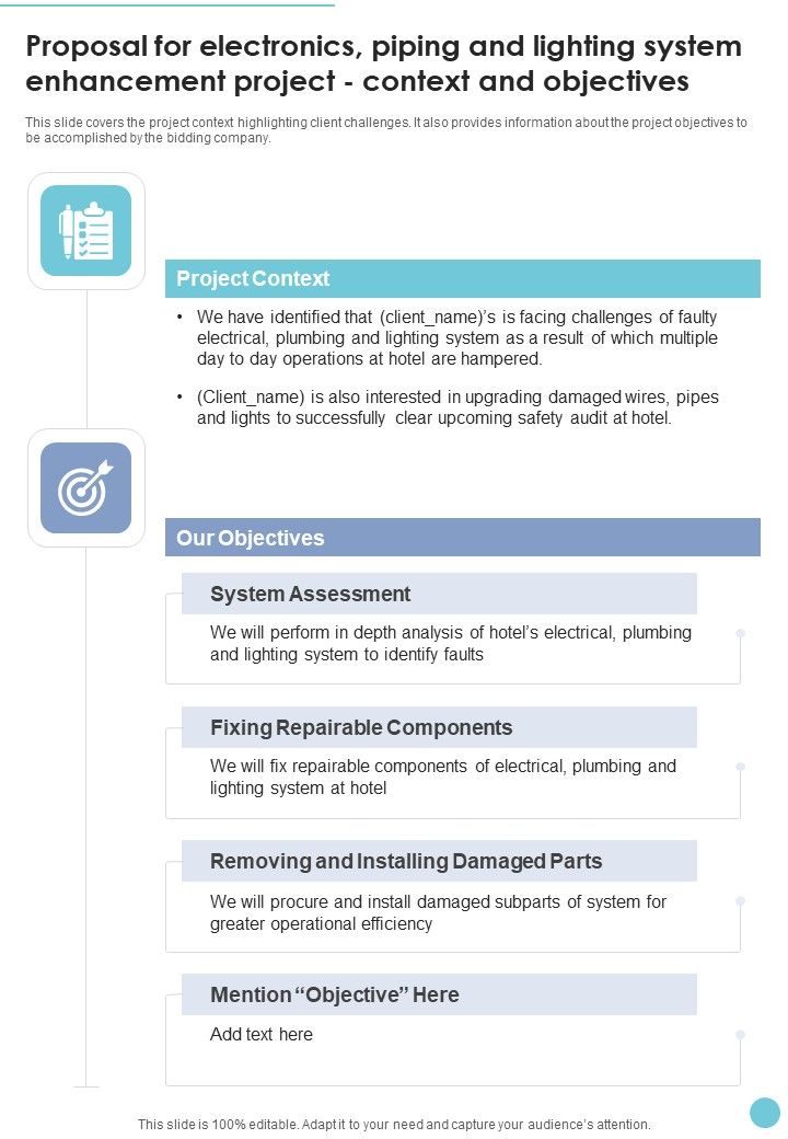 Proposal Electronics Piping Lighting System Enhancement Project Context Objectives One Pager Sample Example Document Slide01