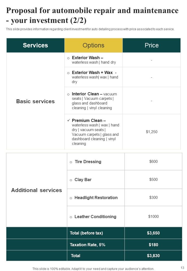 Proposal For Automobile Repair And Maintenance Example Document Report Doc Pdf Ppt