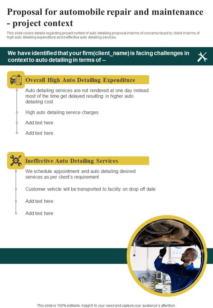 Proposal For Automobile Repair And Maintenance Project Context One Pager Sample Example Document Slide01