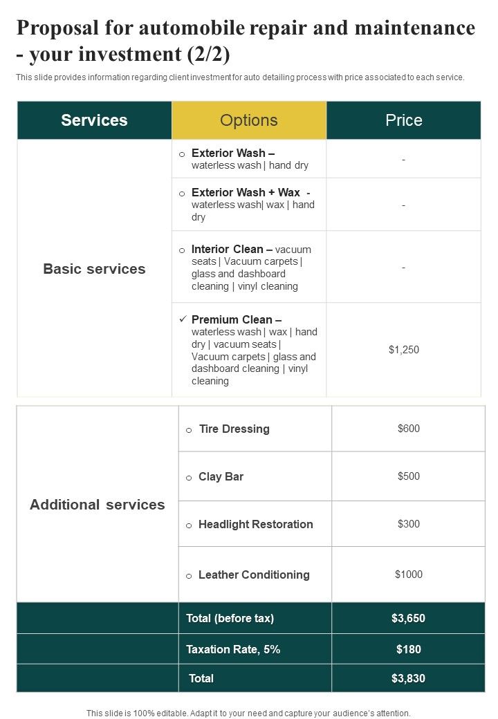 Proposal For Automobile Repair And Maintenance Your Investment One Pager Sample Example Document