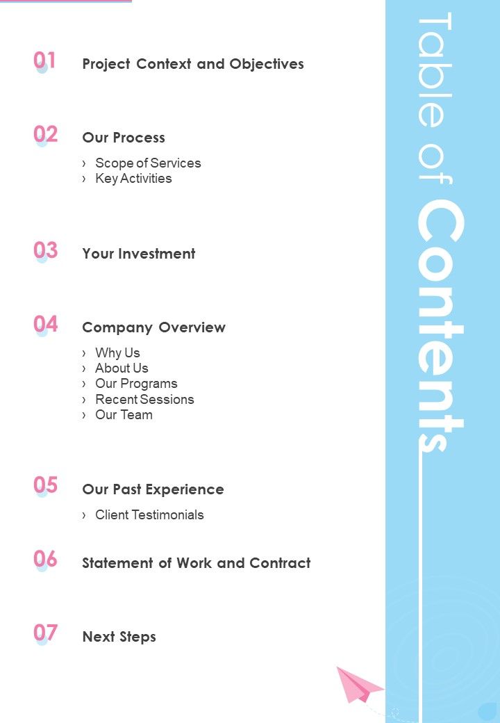 Proposal For Child Care Table Of Contents One Pager Sample Example Document Slide01