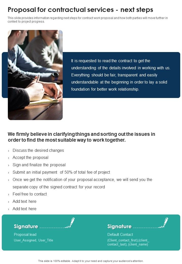Proposal For Contractual Services Next Steps One Pager Sample Example Document Slide01