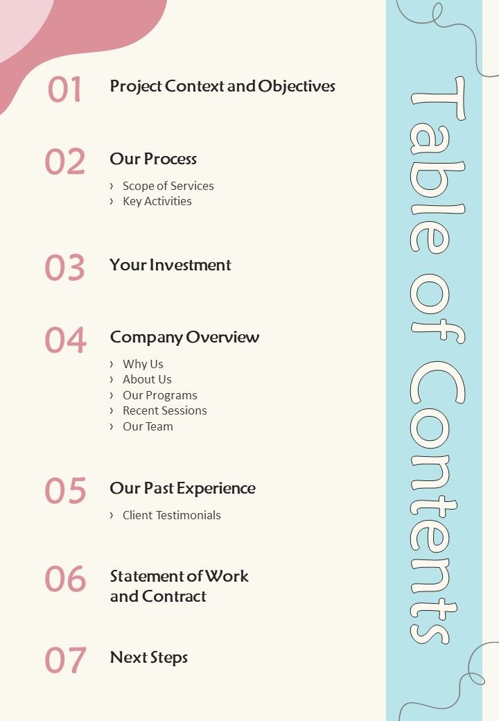 Proposal For Daycare Services Table Of Contents One Pager Sample Example Document Slide01