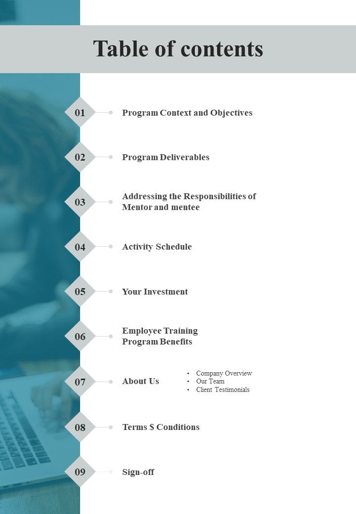 Proposal For Employee Training Program Table Of Contents One Pager Sample Example Document Slide01