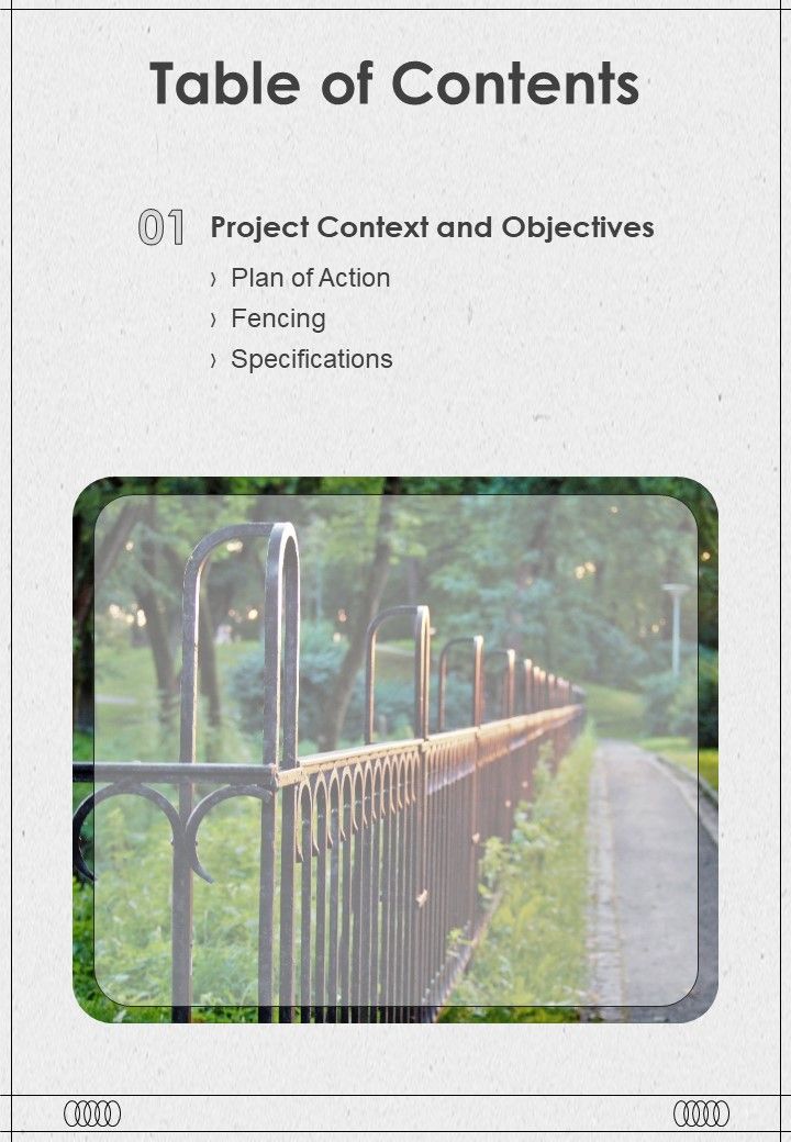 Proposal For Fencing Setup Table Of Contents One Pager Sample Example Document Slide01