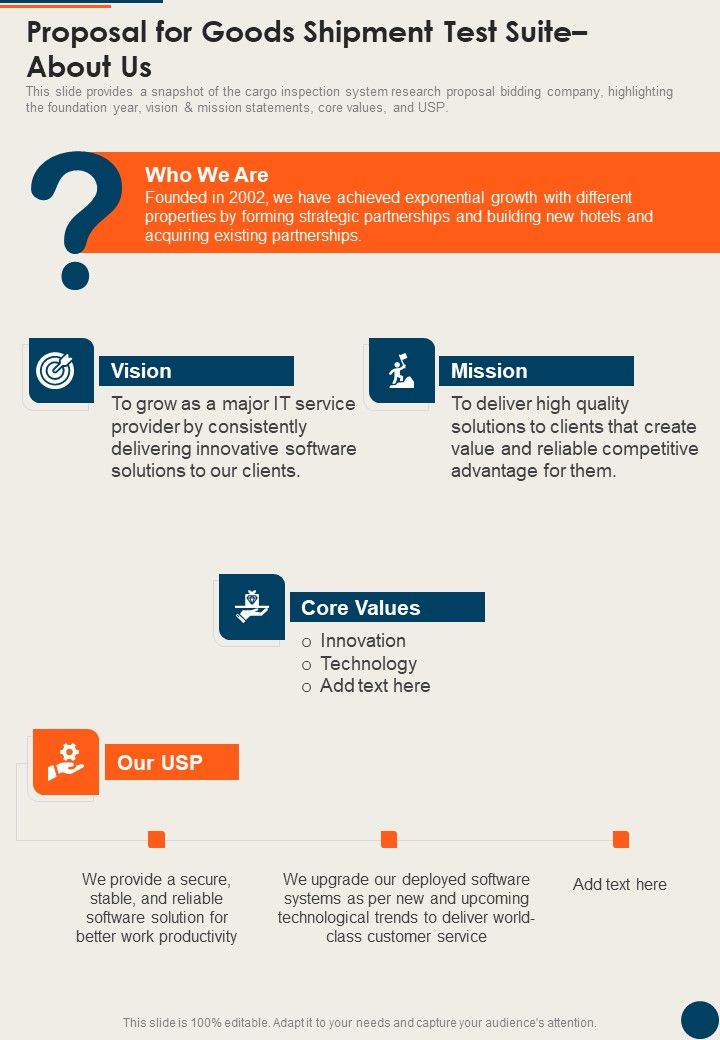 Proposal For Goods Shipment Test Suite About Us Vision One Pager Sample Example Document Slide01