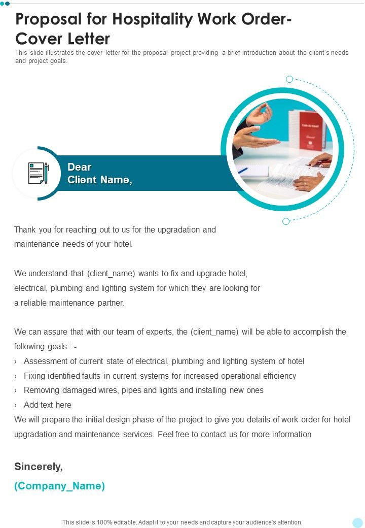 Proposal For Hospitality Work Order Cover Letter One Pager Sample Example Document Slide01