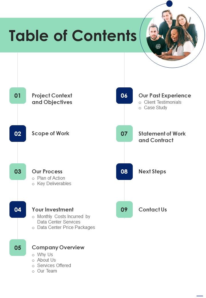 Proposal For Information Processing Facility Services Table Of Contents One Pager Sample Example Document Slide01