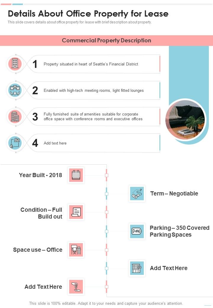 Proposal For Leasing Office Premises Details About Office Property For Lease One Pager Sample Example Document Slide01