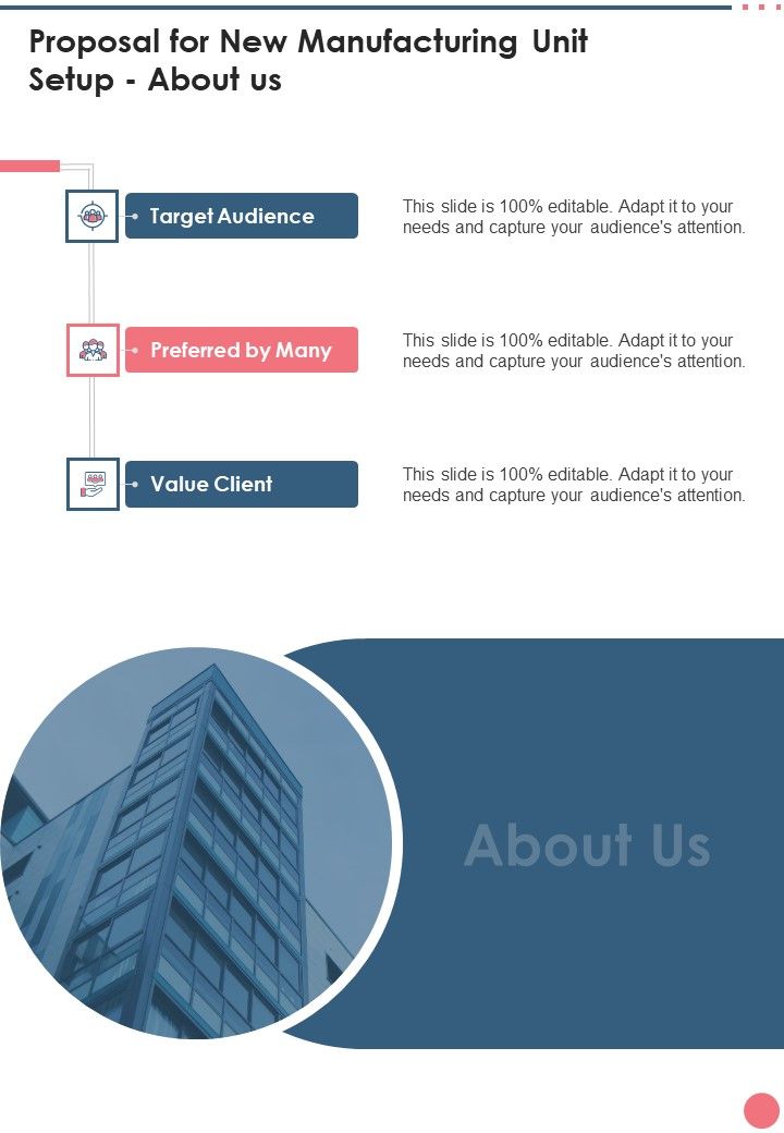 Proposal For New Manufacturing Unit Setup About Us One Pager Sample Example Document