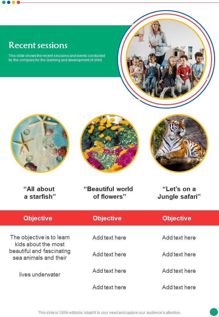 Proposal For Nursery School Recent Sessions One Pager Sample Example Document Slide01
